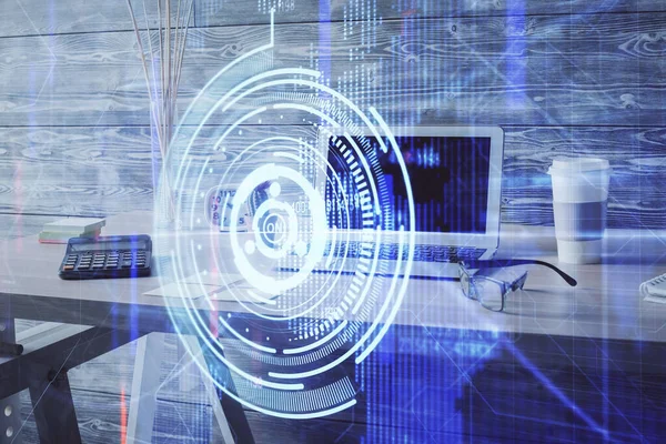 Veri teması çizimi ve ofis içi arka planına çoklu maruz kalma. Teknoloji kavramı.