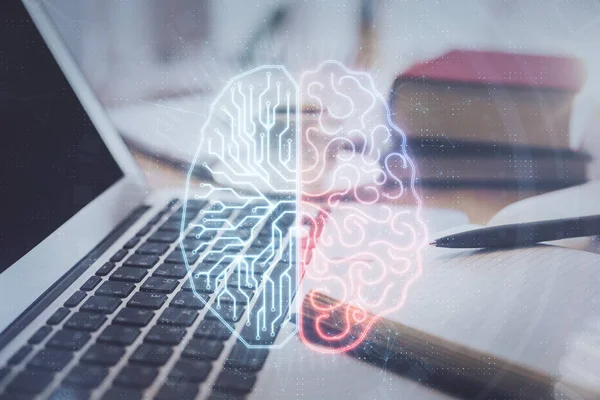Doppelbelichtung Von Gehirnzeichnung Und Desktop Mit Kaffee Und Gegenständen Auf — Stockfoto