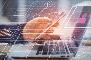 Dijital bir cihaz ve veri temalı çizim kullanan bir adamın el ele tutuşması. Yenilik kavramı.