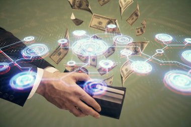 Sosyal ağ temasının çoklu pozlandırılması hologram, Amerikan dolarları ve insan eli.