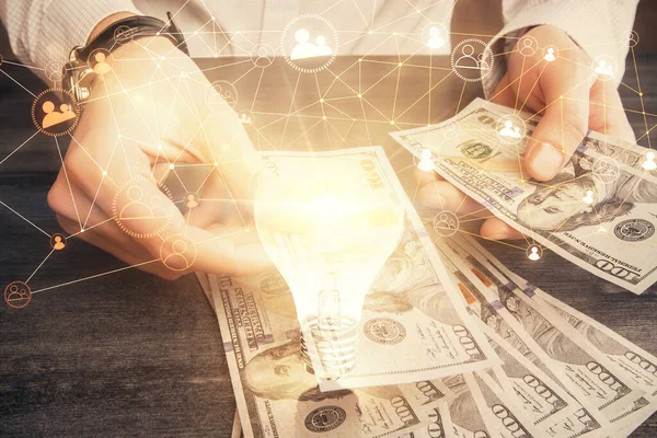 Multi Exponering Sociala Nätverk Tema Rita Hologram Och Usa Dollar — Stockfoto