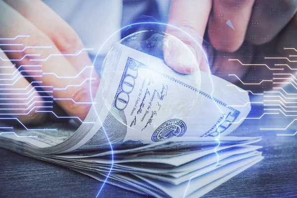 Multi Blootstelling Van Hersenen Tekenen Hologram Ons Dollars Biljetten Mannenhanden — Stockfoto