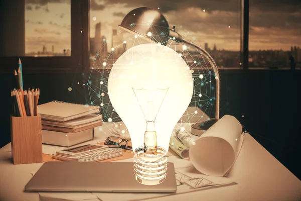 Dubbel Exponering Glödlampa Och Kontor Interiör Bakgrund Begreppet Idé — Stockfoto