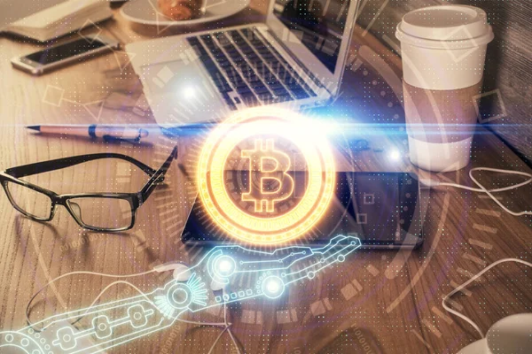 Blockchain Temalı Çizim Cep Telefonu Arkaplanının Çifte Pozu Şifreleme Pazarı — Stok fotoğraf