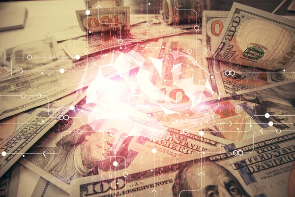 Двойное Воздействие Рисунка Мозга Фоне Банкнот Доллары Технологическая Концепция — стоковое фото