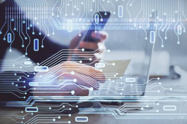 Dijital bir cihaz ve veri temalı çizim kullanan bir adamın el ele tutuşması. Yenilik kavramı.