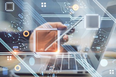 Dijital bir cihaz ve veri temalı çizim kullanan bir adamın el ele tutuşması. Yenilik kavramı.