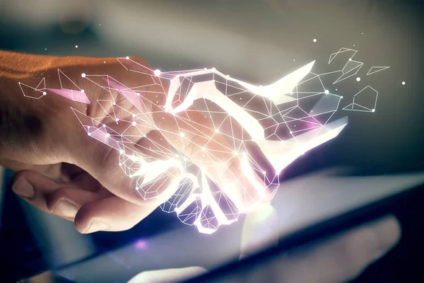 Подвійна Експозиція Рук Людини Тримає Використовує Цифровий Пристрій Малювання Рукостискання — стокове фото