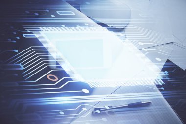 Çalışma masası üzerinde çoklu teknoloji temalı çizim. Üst Manzara. Küresel veri analiz kavramı.