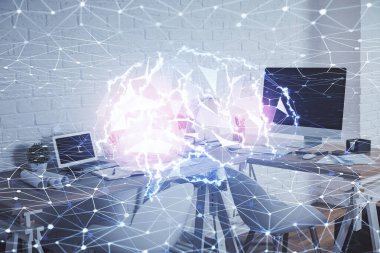 Beyin çizimine ve ofis içi arka planına çifte maruz kalma. Veri teknolojisi kavramı.