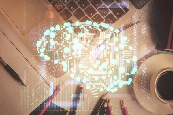 Multi Expozice Mozku Skicovat Hologram Přes Horní Pohled Pracovní Stůl — Stock fotografie