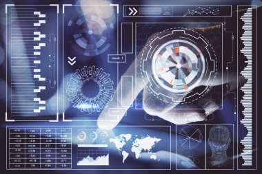 Dijital bir cihaz ve veri temalı çizim kullanan bir adamın el ele tutuşması. Yenilik kavramı.