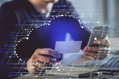 Dijital bir cihaz ve veri temalı çizim kullanan bir adamın el ele tutuşması. Yenilik kavramı.