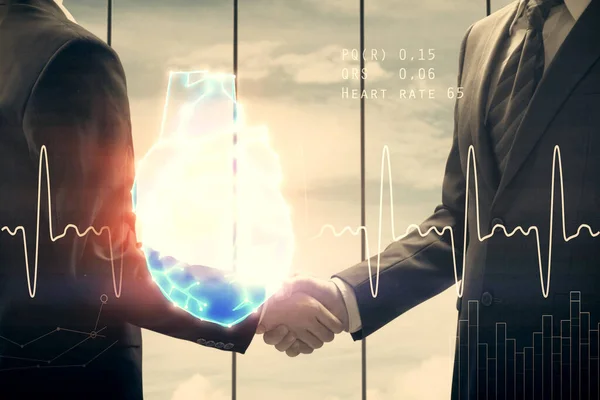 Double Exposure Heart Hologram Handshake Two Men Medical Concept — Stock Photo, Image