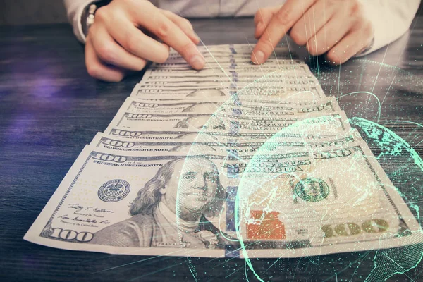Wielokrotna Ekspozycja Tematu Sieci Społecznościowych Rysunek Hologram Usa Dolarów Rachunków — Zdjęcie stockowe