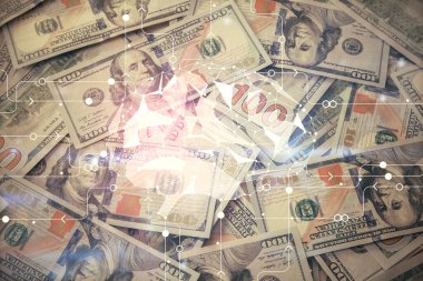 Beynimizin dolar banknotlarının arka planına iki kez çekilmesi. Teknoloji konsepti.