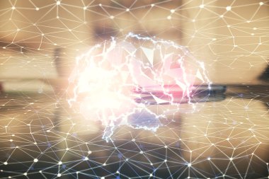 Kahve fincanı arkaplanından Ai veri beyninin iki kez görüntülenmesi.