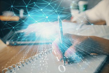 Veri temalı çizimin arka plan yazan insanların üzerine çifte pozlanması. Teknoloji kavramı