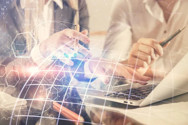 Dupla Exposição Homem Mulher Trabalhando Juntos Tecnologia Tema Mapa Mundo — Fotografia de Stock