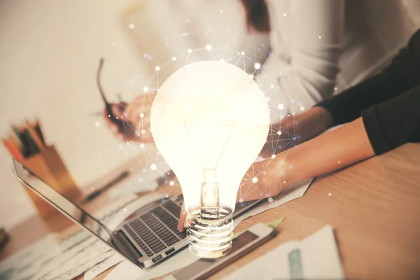 Double Exposure Woman Hands Typing Computer Light Bulb Drawing Idea — Stock Photo, Image