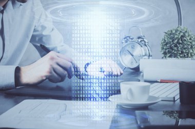 Dijital bir cihaz ve veri temalı çizim kullanan bir adamın el ele tutuşması. Yenilik kavramı.