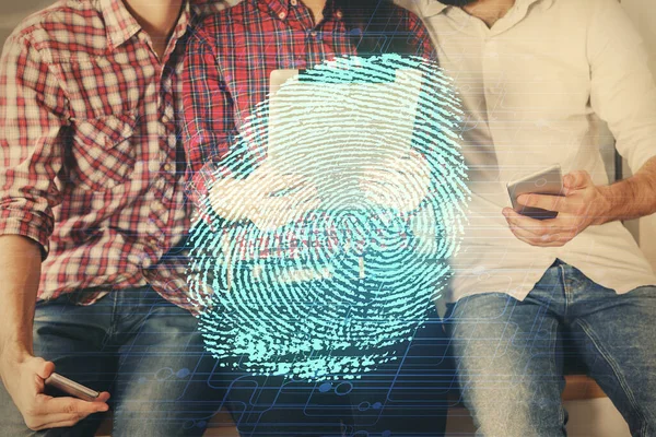 Double exposure of fingerprint hologram and man and woman working together holding and using a mobile device. Security concept