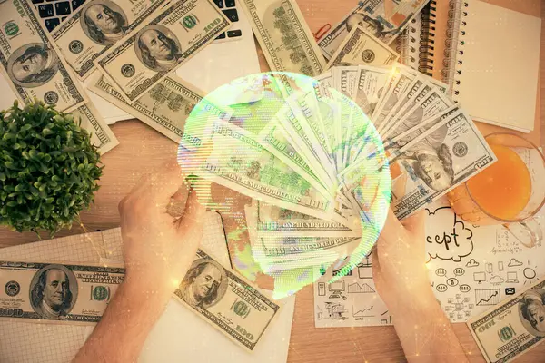 Sosyal Temasının Çoklu Pozlandırılması Hologram Amerikan Dolarları Insan Eli — Stok fotoğraf