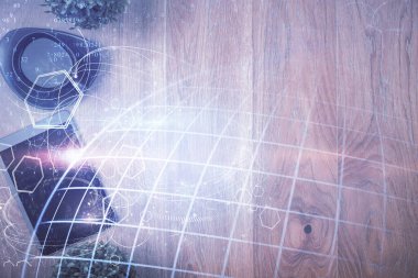 Harita hologramının masaüstü üzerinde çift pozlama. Üst Manzara. Uluslararası bağlantı kavramı.