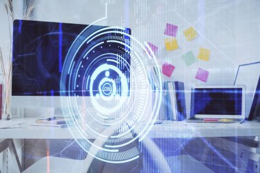 Veri teması çizimi ve ofis içi arka planına çifte maruz kalma. Teknoloji kavramı.