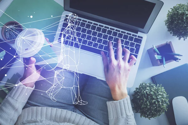 Exposição Dupla Mãos Mulher Que Trabalham Computador Desenho Holograma Criativo — Fotografia de Stock