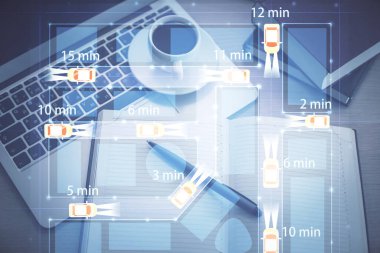 Otomatik pilot hologram masaüstü arka planında bilgisayardan çizim yapıyor. Üst Manzara. Çifte maruziyet. Teknoloji kavramı.