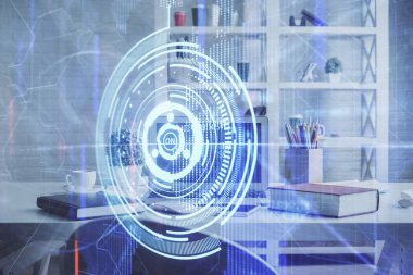 Veri teması çizimi ve ofis içi arka planına çifte maruz kalma. Teknoloji kavramı.