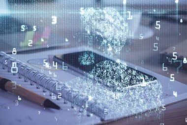 Veri teması çizimi ve cep telefonu arkaplanı çift pozlama. Yenilik kavramı