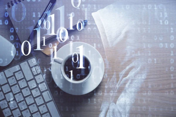 Veri teması çizimi ve ofis içi arka planına çifte maruz kalma. Teknoloji kavramı.