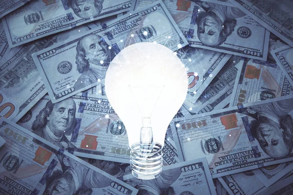 Dubbel Exponering Glödlampa Ritning Över Usa Dollar Sedel Bakgrund Begreppet — Stockfoto