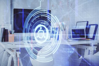 Veri teması çizimi ve ofis içi arka planına çifte maruz kalma. Teknoloji kavramı.