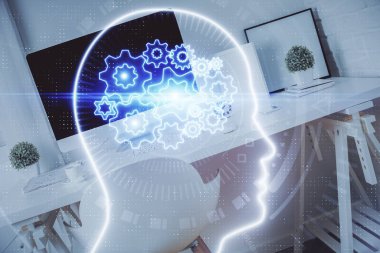 Beyin çizimine ve ofis içi arka planına çoklu maruz kalma. Veri teknolojisi kavramı.