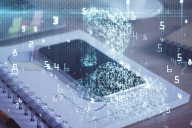 Veri teması çizimi ve cep telefonu arkaplanı çift pozlama. Yenilik kavramı