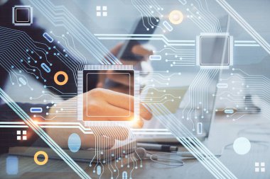 Dijital bir cihaz ve veri temalı çizim kullanan bir adamın el ele tutuşması. Yenilik kavramı.