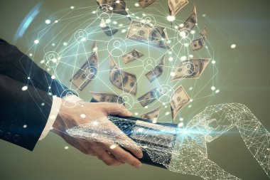 Sosyal ağ temasının çoklu pozlandırılması hologram, Amerikan dolarları ve insan eli.