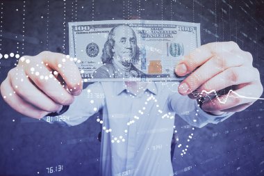 Teknolojinin iki katına çıkması hologram, dolar banknotları ve insan eli. Veri kavramı