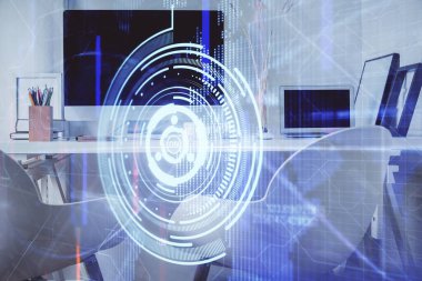 Veri teması çizimi ve ofis içi arka planına çifte maruz kalma. Teknoloji kavramı.