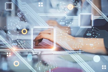 Bilgisayar ve veri temalı hologram çizimleri üzerinde çalışan kadın ellerine çok fazla maruz kalma. Teknoloji kavramı.