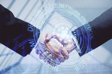 İki kişinin veri temalı hologramı ve el sıkışması. Bilişim endüstrisi konseptinde ortaklık.