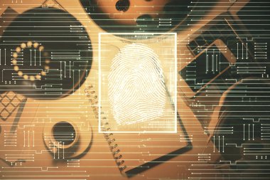 Parmak izi çizimi ve çalışma masasının üst kısmında çift pozlama. Güvenlik kavramı.