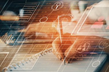 Veri temalı çizimin arka plan yazan insanların üzerine çifte pozlanması. Teknoloji kavramı