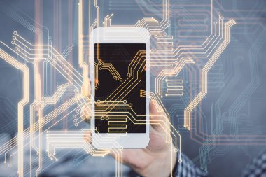 Dijital bir cihaz ve teknoloji temalı hologram çizimi kullanarak insanın elini tutarken çift pozlama. Teknoloji konsepti.