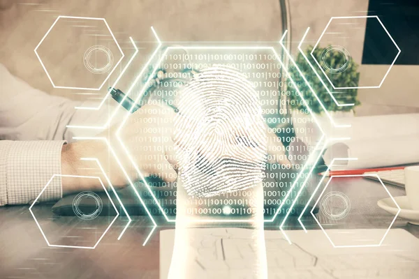 Double Exposure Man Hands Holding Using Digital Device Fingerprint Hologram — Stock Photo, Image