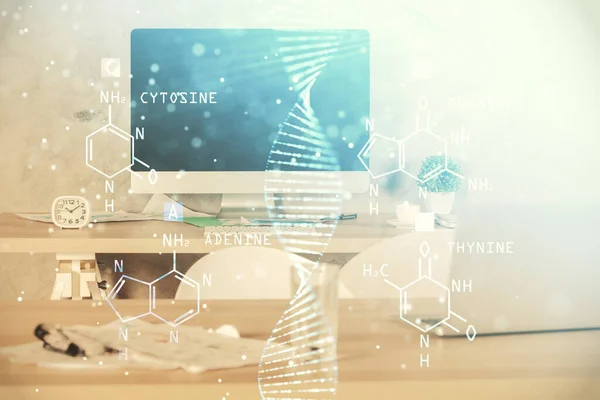 Dupla Exposição Desenho Dna Fundo Interior Escritório Conceito Ciência — Fotografia de Stock