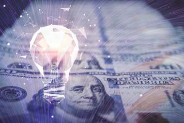 Arka planda Amerikan Doları 'na çekilen ampulün iki katı yansıması. Fikir kavramı.